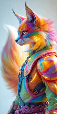 The primary subject of the image is a colorful, rainbow-colored cat with a colorful, rainbow-colored coat. The cat is wearing a colorful, rainbow-colored vest, and its fur is painted with a variety of colors. The setting is a room with a wall visible in the background. The visual style of the image is a combination of photo and digital art, creating a unique and vibrant appearance. The dominant colors and overall atmosphere of the image are bright, lively, and cheer